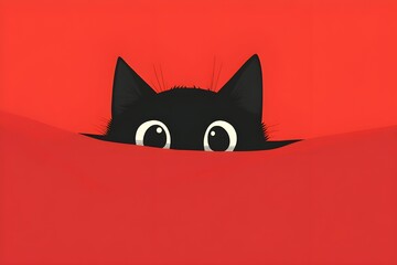 Obraz premium Illustration of a black cartoon cat with round eyes peeking out from under a blanket-like shadow on a bright red surface, ears and eyes appearing full on a blank red background