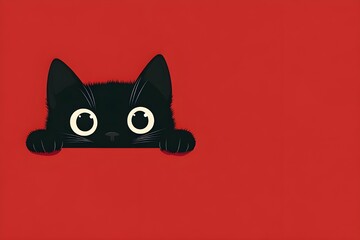 Obraz premium Illustration of a black cartoon cat with round eyes peeking out from under a blanket-like shadow on a bright red surface, ears and eyes appearing full on a blank red background