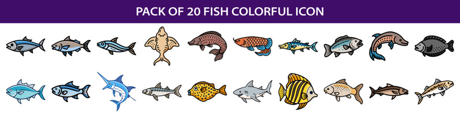 A collection of twenty diverse and colorful fish icons in cartoon style