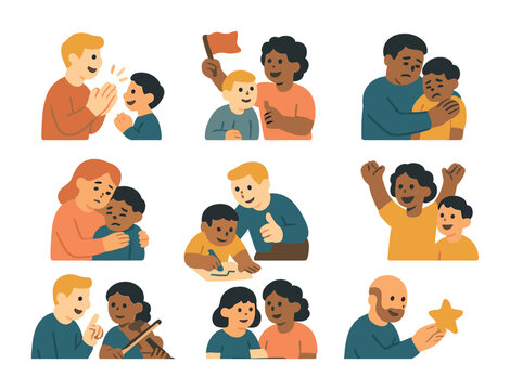 Supportive Parenting Icons. Flat icon set of supportive parenting moments: clapping encouragement, cheering at