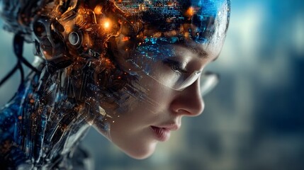 Futuristic Cyborg Innovation Featuring Hologram Woman and AI Convergence in a High-Tech World