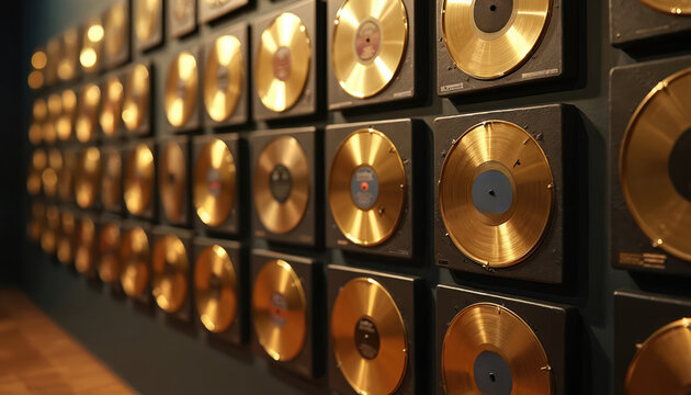 Wall display gold record awards in music history exhibition. Gallery, museum, collection showcase achievements. Vintage metallic posters, design. Celebration success recognition.