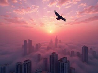 Sunset city silhouette with man holding airplane and birds flying over the ocean