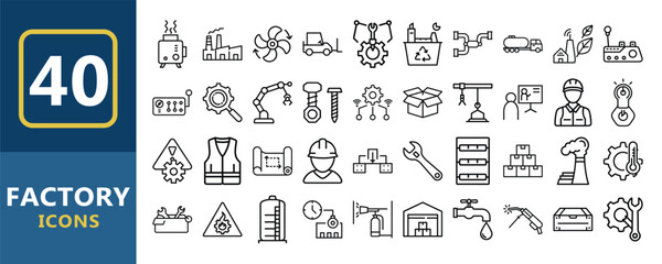 Vector art of a set of forty factory icons, isolated on white background, depicting various industrial processes and equipment