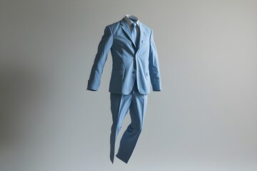 A soft blue business suit floats horizontally in the air, descending from the ceiling to the floor, appearing weightless, inhuman, real and not subject to gravity and a gray background