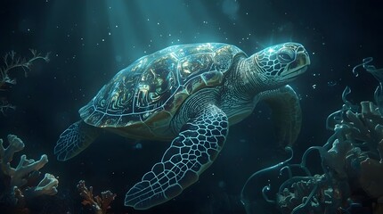 Fototapeta premium Green Turtle Swimming in Ocean with Coral and Creatures