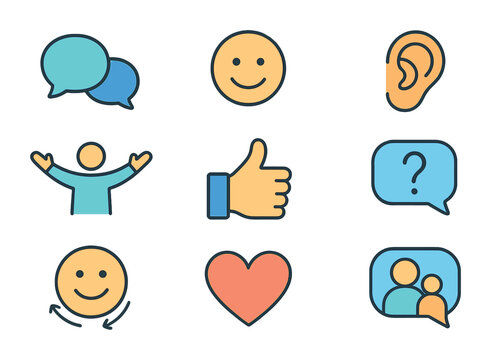 Positive Communication Icons. Flat icon set of positive communication: speech bubbles, smiling face, listening - Powered by Adobe