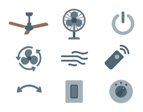 Fan Icon Collection. Flat icon set of turning on a fan: ceiling fan, standing fan, fan power button, rotating