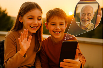 grandchildren, video call, grandfather, terrace, sunset, golden hour, mobile phone, technology, digital communication, family, bonding, smiling, happy, outdoors, connection, virtual meeting, nature ba