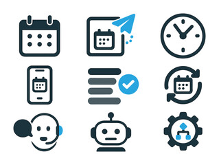 Scheduling Icons Set. Flat icon set of scheduling and automation: calendar, auto-post icon, time picker,
