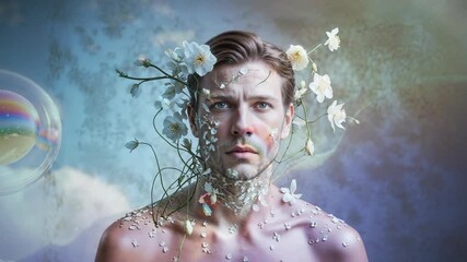 Camera pulling back revealing shirtless man in studio, with cherry blossoms and drifting bubbles - Powered by Adobe
