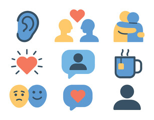 Emotional Support Icons. Flat icon set of emotional support in relationships: listening ear, empathy icon,