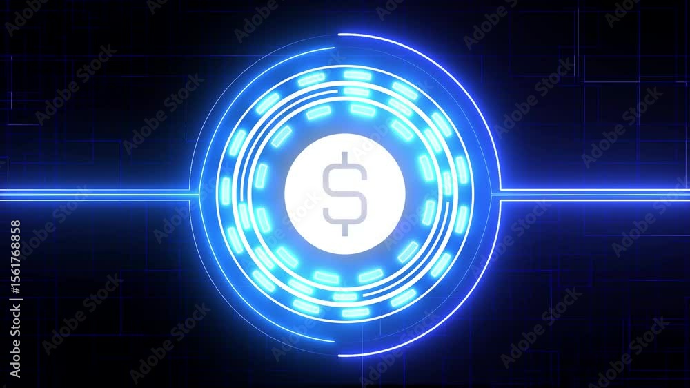 Poster glowing icon dollar stable coin currency business and digital money hologram symbol appears on a dig