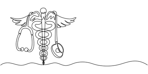 Staff Of Hermes Caduceus & Stethoscope continuous one line drawing, Medical symbol caduceus. Continuous One line drawing, Continuous single line art drawing of caduceus as a symbol of medicine outline