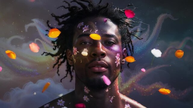 Petals drifting causing shirtless man wearing daisy decals blinking in dark sky with pastel lights