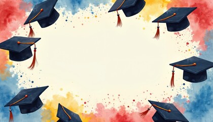 Graduation banner illustration with academic caps. Graduation hats on the background with paint splashes. Celebrating academic success. Artistic illustration for commemorative events. Class of 2025.