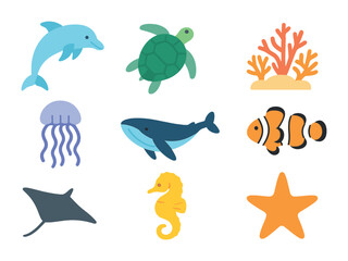 Ocean Wildlife Icons. Flat icon set of ocean wildlife awareness: dolphin, sea turtle, coral reef, jellyfish,