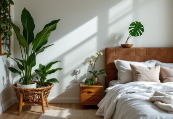 discuss how plants with textured leaves add sensory interest and contribute to a fresh bedroom feel.
