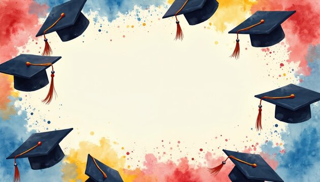 Graduation banner illustration with academic caps. Graduation hats on the background with paint splashes. Celebrating academic success. Artistic illustration for commemorative events. Class of 2025.