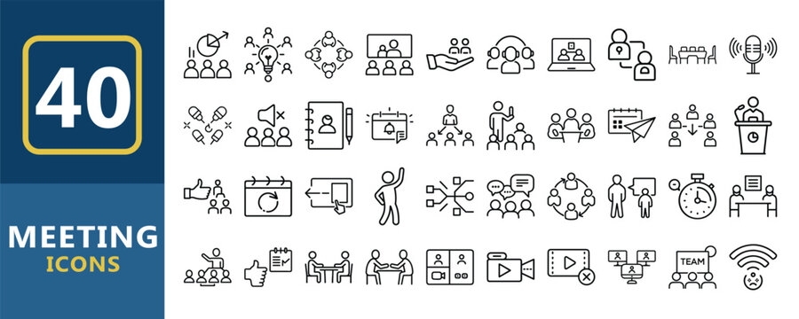 Vector art of 40 meeting icons isolated on white background, illustrating various aspects of inperson and virtual meetings