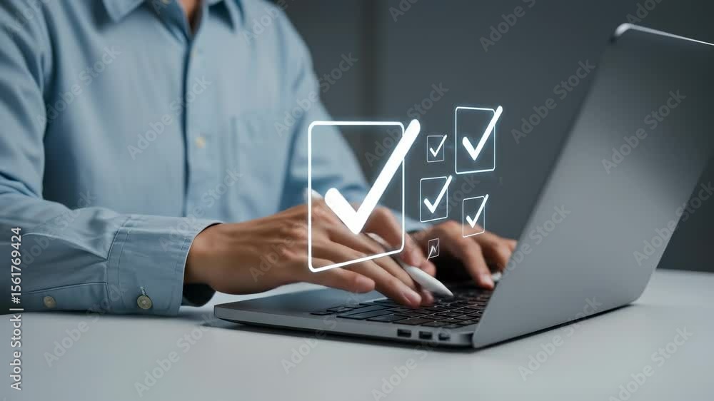 Poster digital checklist on laptop: task management, productivity, and online verification [100 chars]