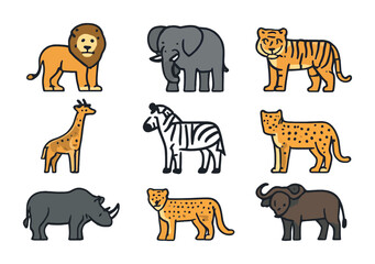 Obraz premium Wild Animal Icons. Flat icon set of wild animals in nature: lion, elephant, tiger, giraffe, zebra, leopard,