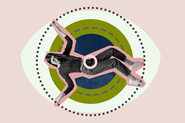 Collage of stressed person under large symbolic eye representing surveillance spying fear control...