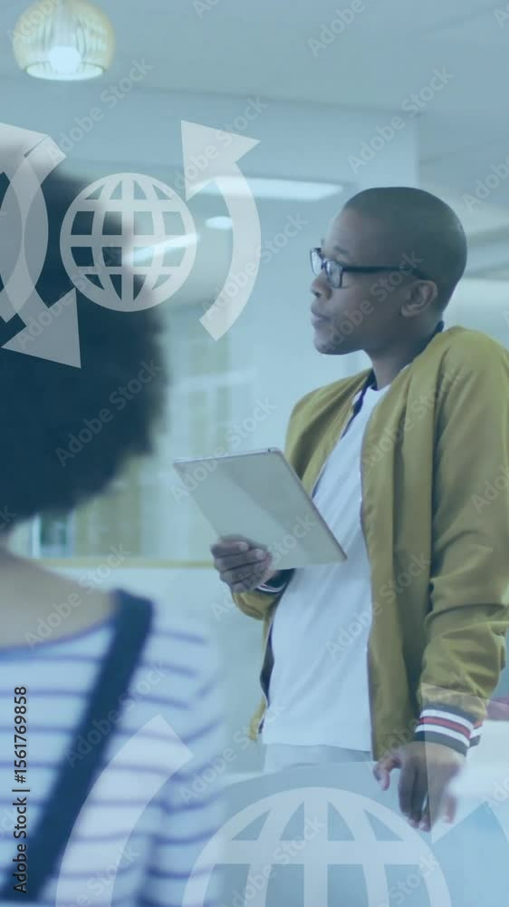 Poster animation of globe icons and data processing over diverse business people in office
