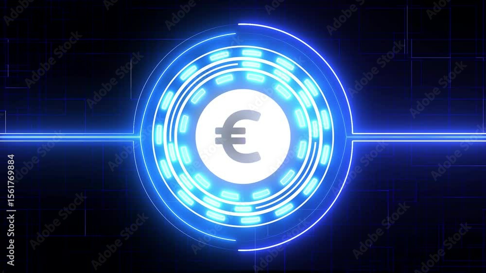 Poster concept of euro crypto currency shown on digital neon tech background to represent blockchain, futur