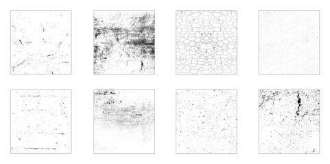 Collection of 8 grunge dust texture wall. Grunge textures set. Collection of vector overlay, distress, textures 