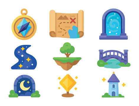 Magical Navigation Icons. Flat icon set of magical maps and navigation: crystal compass, ancient map, teleport