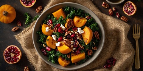 Warm autumn harvest salad featuring roasted butternut squash, kale, pecans, dried cranberries, goat cheese, and maple vinaigrette on burlap-textured surface. Golden hour flat lay for seasonal recipes.