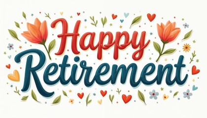 Happy Retirement design. Text with floral decoration, hearts, flowers, leaves. Celebration happy retirement lifestyle. Congrats greeting card. Retirement party banner. Congratulation graphic art