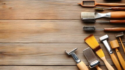 Wooden Handled Brushes & Tools on Wood Background