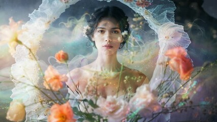 Wreath starting materializing behind model in strapless dress on set with bouquet and sparkles - Powered by Adobe