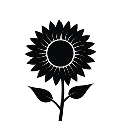 Silhouette of sunflower with sharp bold petals and stem, minimal black floral design, decorative botanical element illustration.