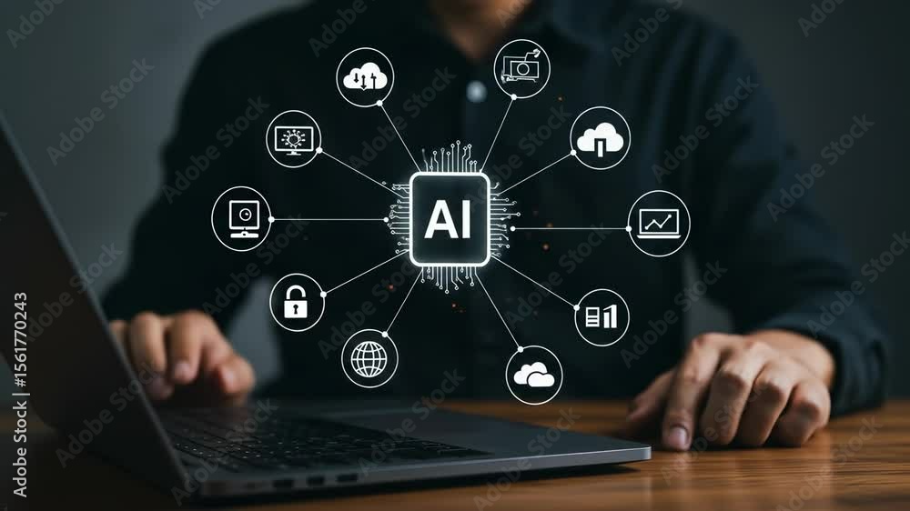 Poster ai technology: man interacting with artificial intelligence & network concepts on laptop