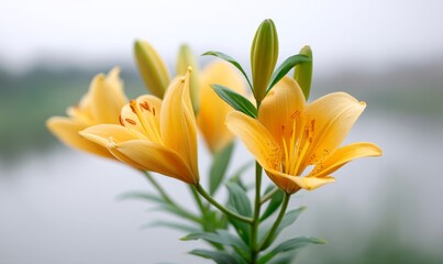 A serene natural setting provides the backdrop for two vibrant yellow lilies, which are illuminated by soft sunlight and stand out from the blurred green foliage