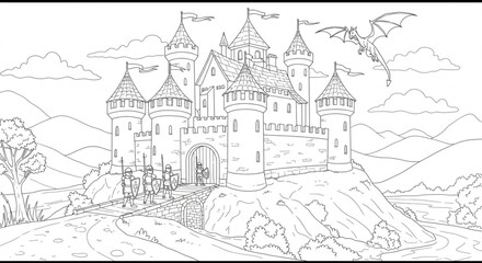 Majestic Medieval Castle Coloring Page Dragons, Mountains, and Knights