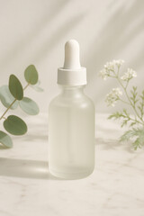 A Beautiful Clear Serum Bottle Elegantly Surrounded by Lush Greenery and Natural Elements