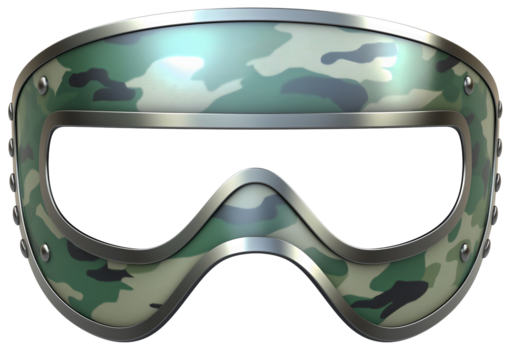 Military tactical protective goggles, woodland camouflage pattern and clear transparent lenses,  metallic silver frame, airsoft paintball game. Transparent png.