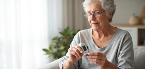 Elderly woman checks blood glucose level with glucometer at home. Senior adult checks diabetes condition for health and wellness. Diabetes healthcare concept with blood sugar test.