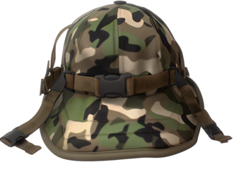 Military tactical helmet, woodland camouflage pattern, combat headgear, protective equipment, chin strap system, army gear isolated on transparent background.
