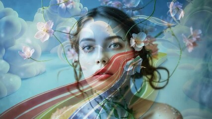 Animation starting female receiving rainbow ribbon sweeping face in studio with blossoms and clouds - Powered by Adobe