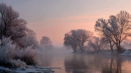 A serene winter landscape features a foggy river surrounded by frost-covered trees under a soft pinkish sky at dawn.