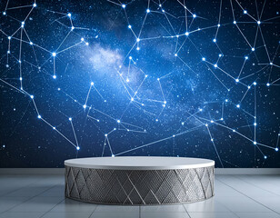Celestial Podium Silver Mesh Display in Starlit Room with Cosmic Murals
