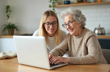 Daughter helps elderly mother learn modern tech, using laptop at home. Woman, senior mother enjoy online experience. Family, communication, intergenerational bond. Smiling faces, happy emotions.