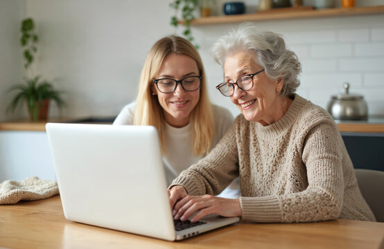 Daughter helps elderly mother learn modern tech, using laptop at home. Woman, senior mother enjoy online experience. Family, communication, intergenerational bond. Smiling faces, happy emotions. - Powered by Adobe