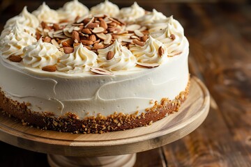 A rich almond cake with almond-flavored buttercream and toasted slivered almonds on top. 