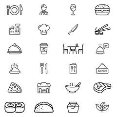 Collection of various restaurant and food related icons including dishes and staff in outline style design